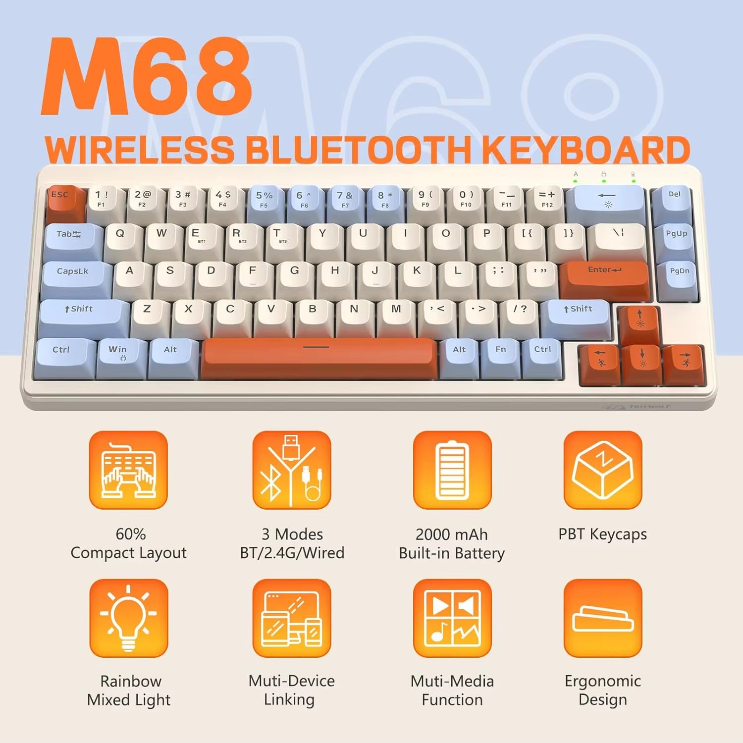 M68 65% Wireless Gaming Keyboard,Tri-Mode Silent Membrane Keyboard,Pbt Keycaps,2000Mah 67 Keys Rainbow LED Backlit for Win/Mac