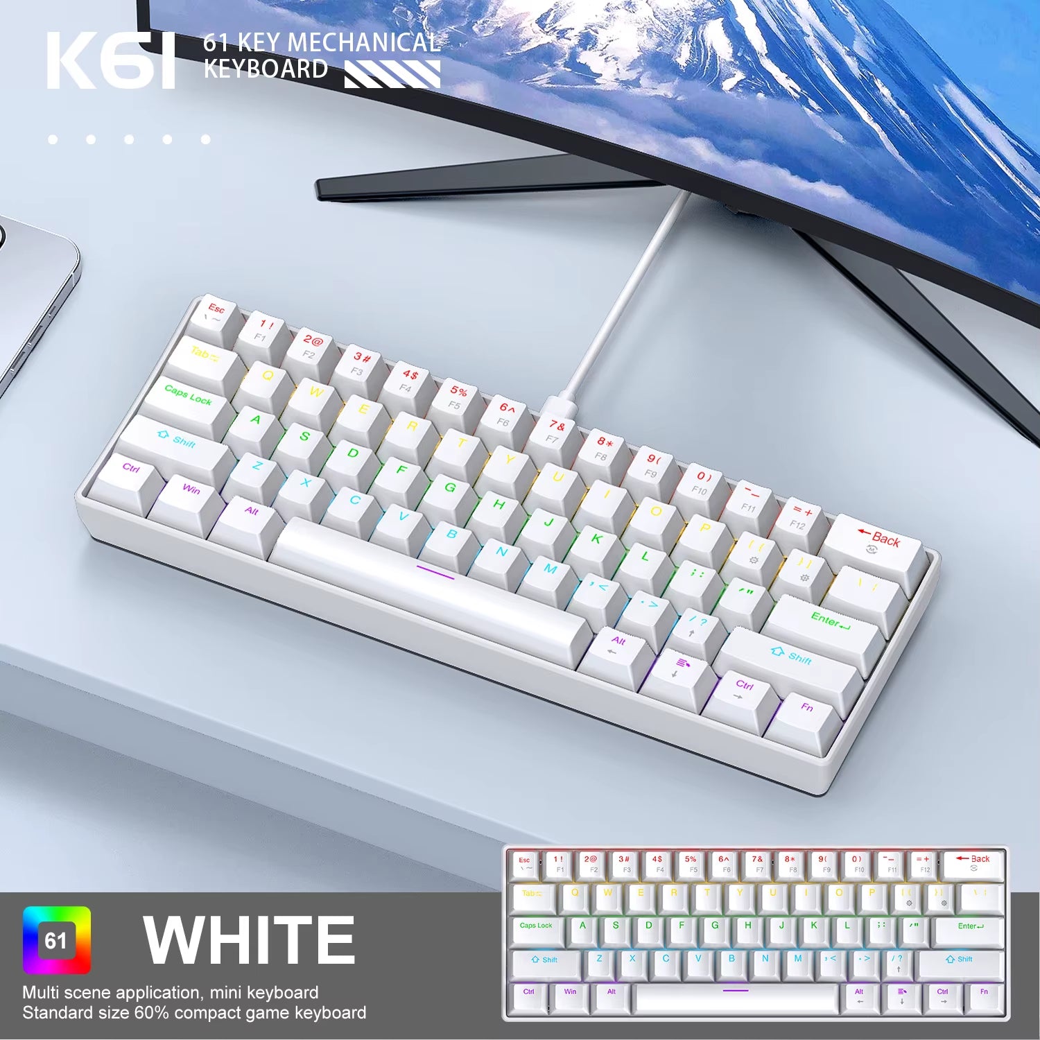 K61 Mini Mechanical Keyboard,Wired,61 Keys,Phantom RGB, Black/White Red/Blue Mechanical Switch for Gaming,60% Portable
