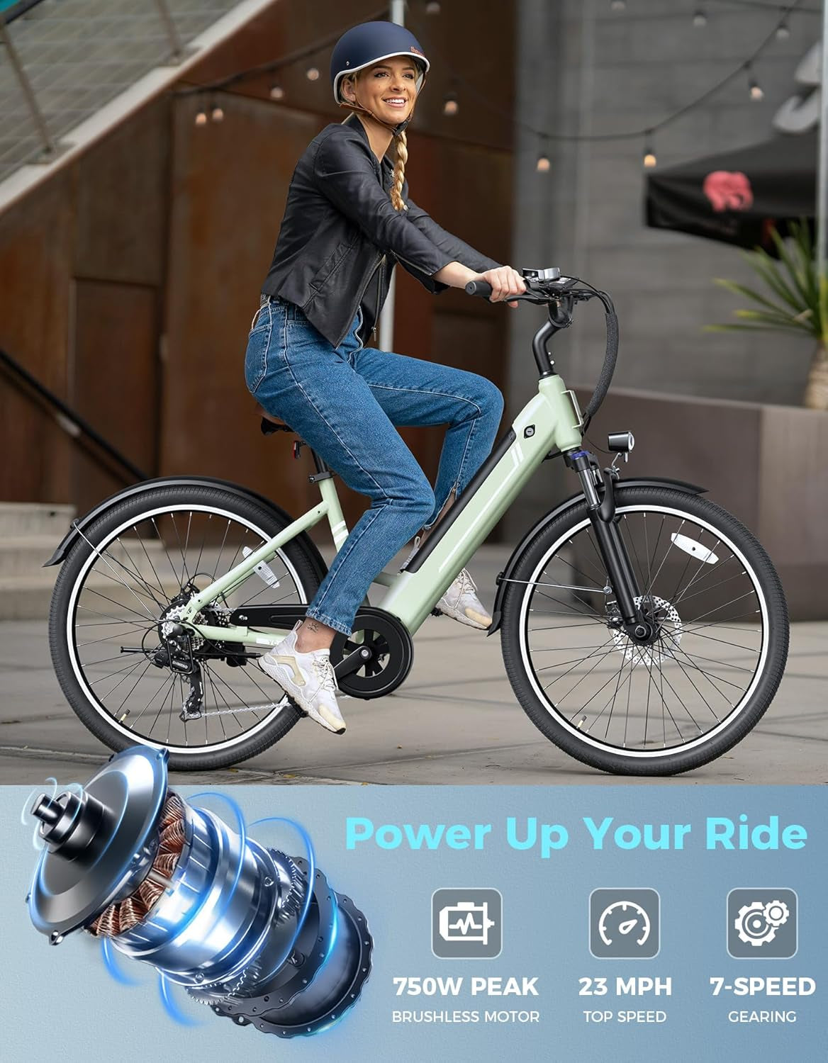 YC1/ST 26" Electric Bike, 750W Peak Motor, Step-Through Ebike for Adults, 360WH Removable Battery, up to 40Miles, Max 23MPH Urban Commuter E-Bike, 7 Speeds & Front Suspension