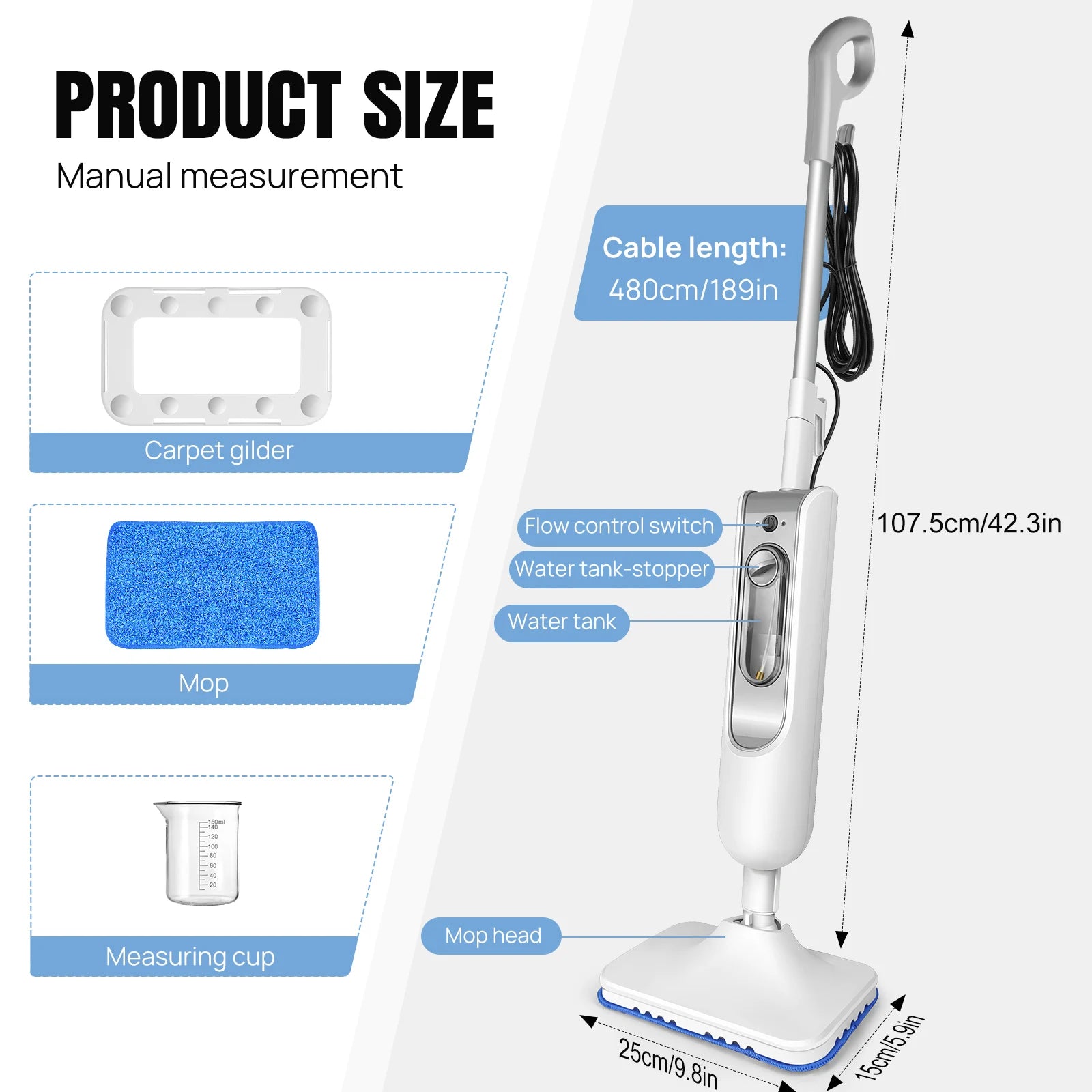 Steam Mop & Detachable Steam Cleaner, 1500W Powerful Floor Steamer for Carpet Laminate Hardwood,2 Washable Pads, 400Ml