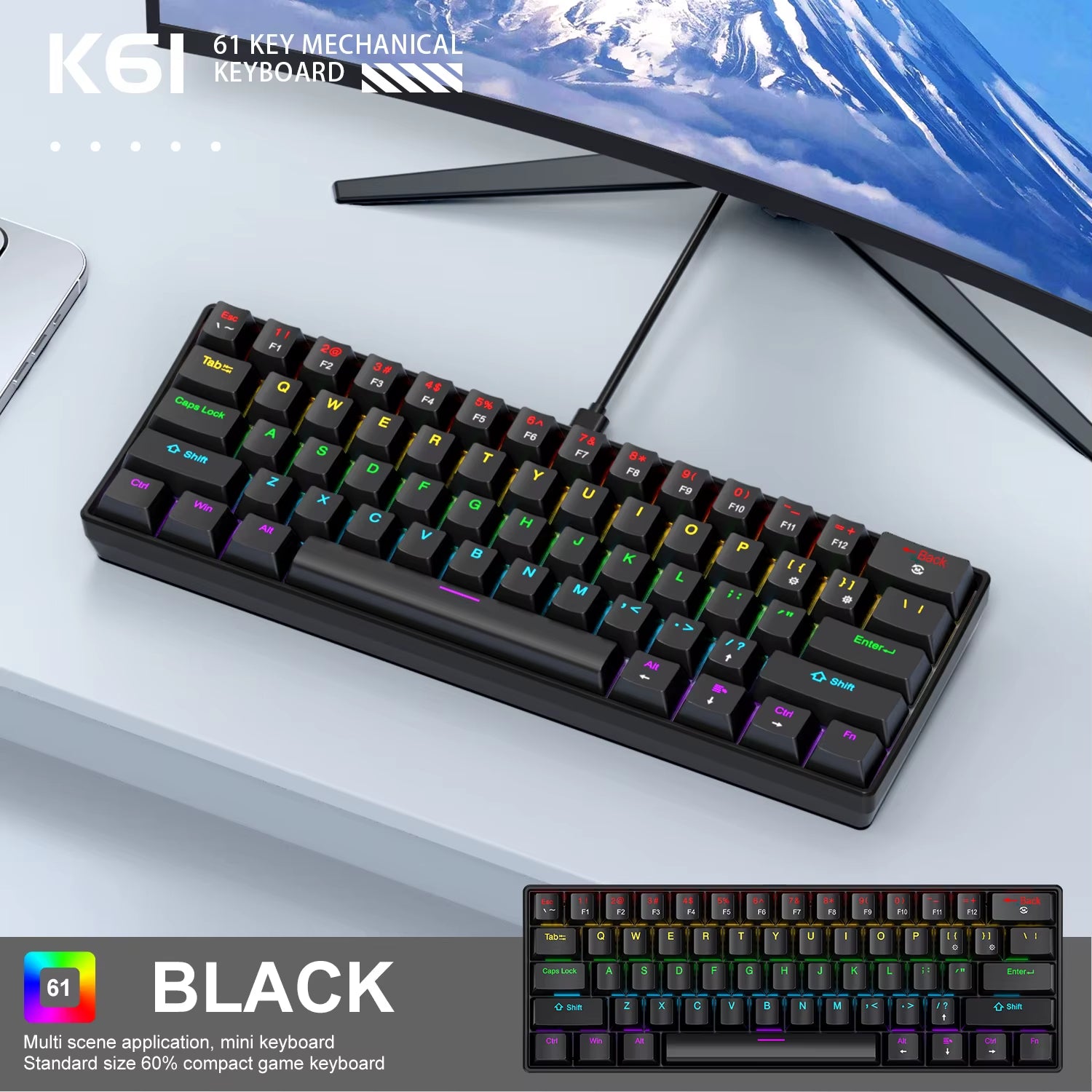 K61 Mini Mechanical Keyboard,Wired,61 Keys,Phantom RGB, Black/White Red/Blue Mechanical Switch for Gaming,60% Portable