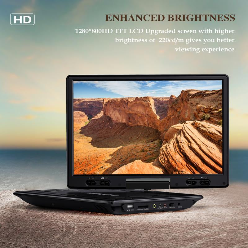 MYDASH 14.9" Portable DVD Player with 12.5" Swivel Screen, 5-Hours Rechargeable Battery, Region Free, Remote Control, Support Multi-Format Sync TV, USB/SD, Black