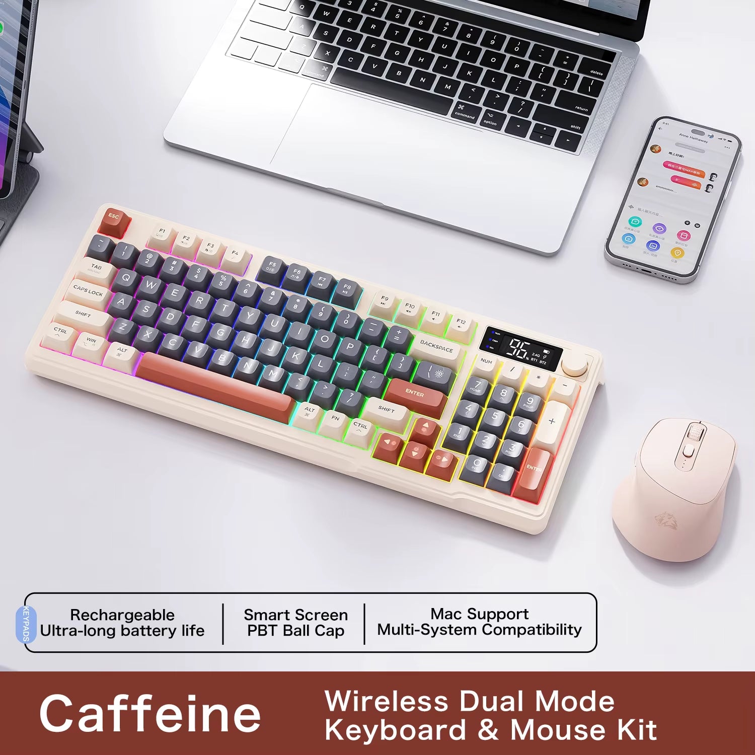 M96 Screen Wireless Keyboard Mouse Kit  Bluetooth Keyboard with Mouse Gaming,Electronic Screen, Multi-Device Connection