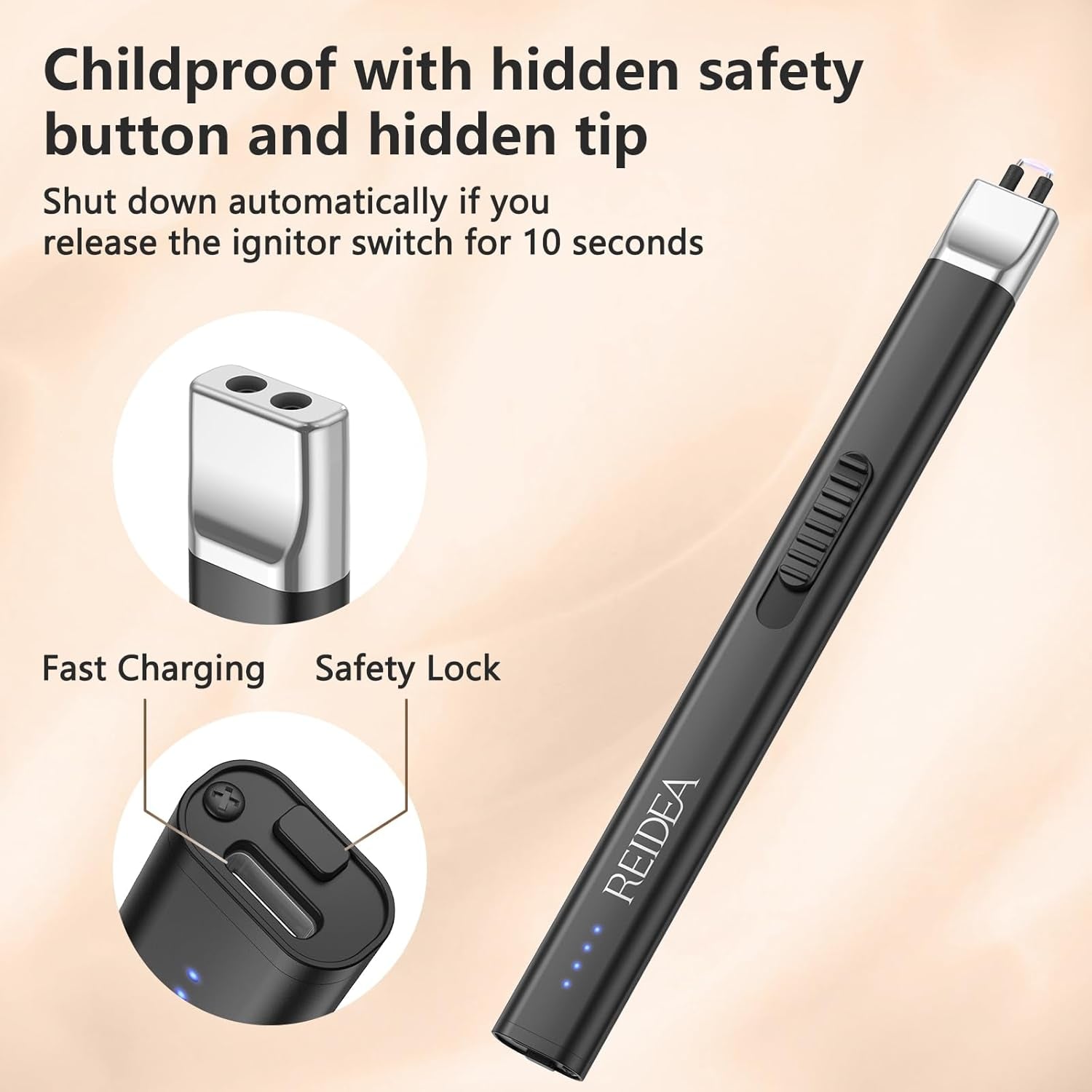 Electric Candle Lighter, Windproof Flameless USB Rechargeable Arc Lighter with Safe Button and Power Indicator for Candle, BBQ and Fireworks, R1 Flat, Obsidian Black