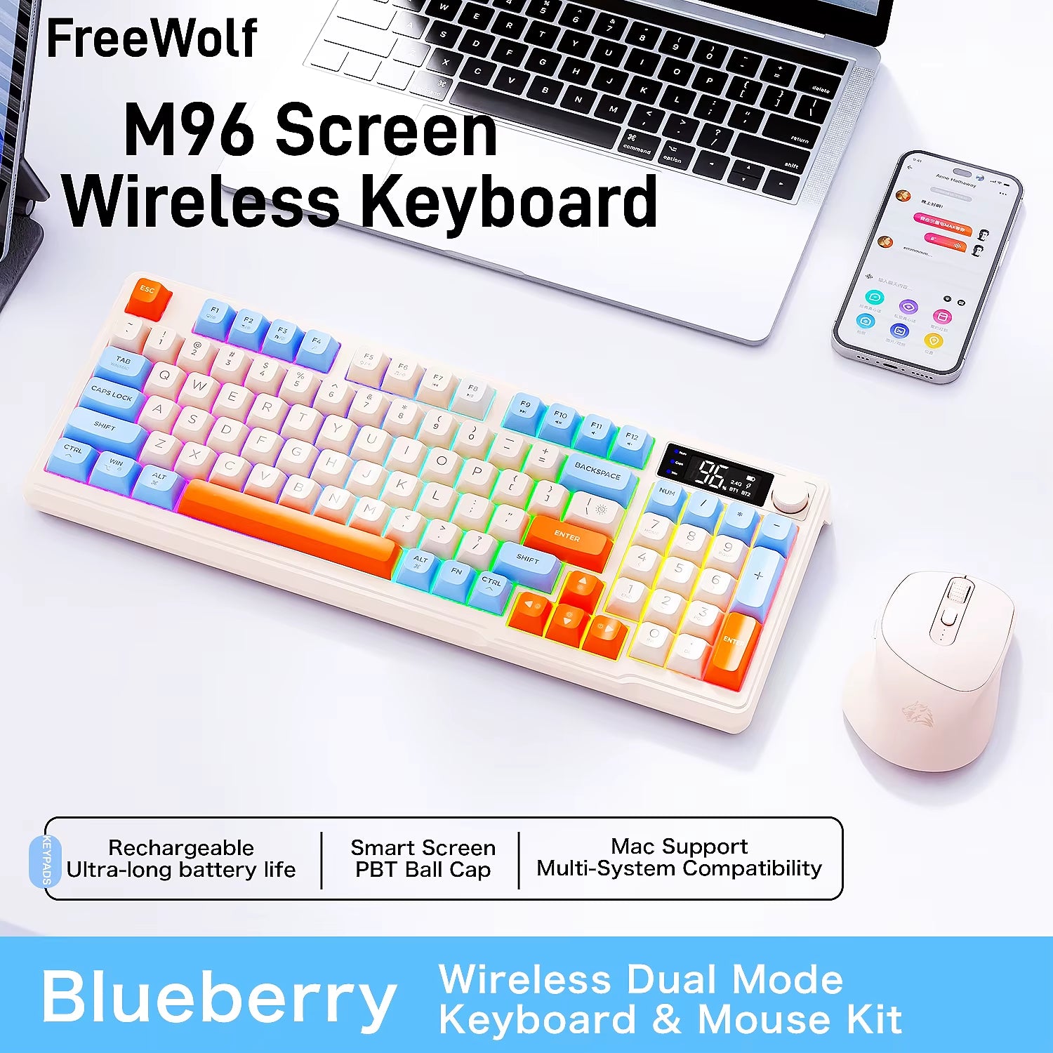 M96 Screen Wireless Keyboard Mouse Kit  Bluetooth Keyboard with Mouse Gaming,Electronic Screen, Multi-Device Connection