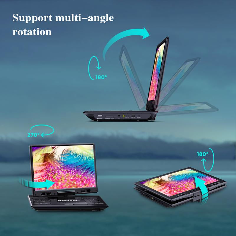 MYDASH 14.9" Portable DVD Player with 12.5" Swivel Screen, 5-Hours Rechargeable Battery, Region Free, Remote Control, Support Multi-Format Sync TV, USB/SD, Black