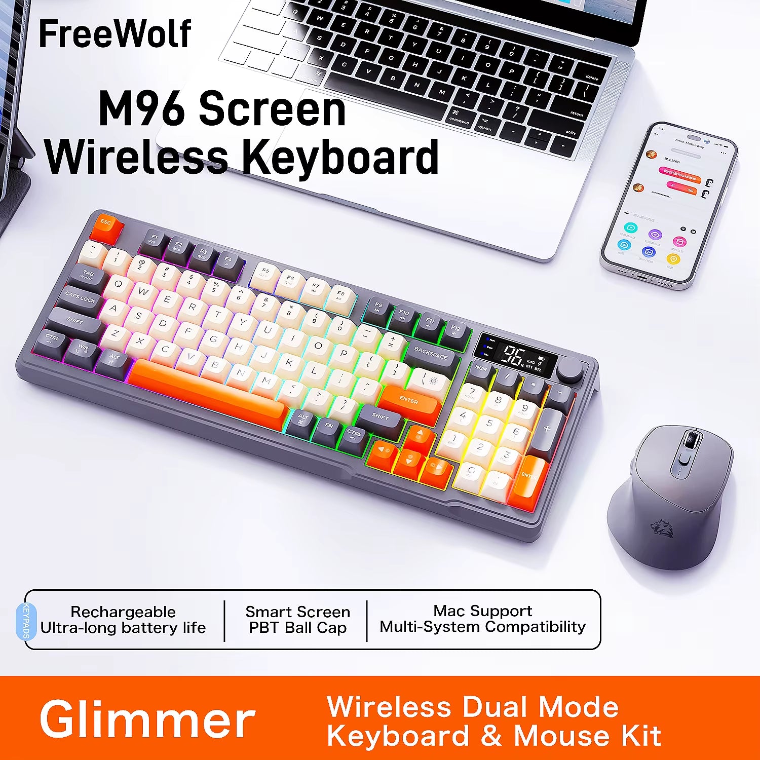 M96 Screen Wireless Keyboard Mouse Kit  Bluetooth Keyboard with Mouse Gaming,Electronic Screen, Multi-Device Connection