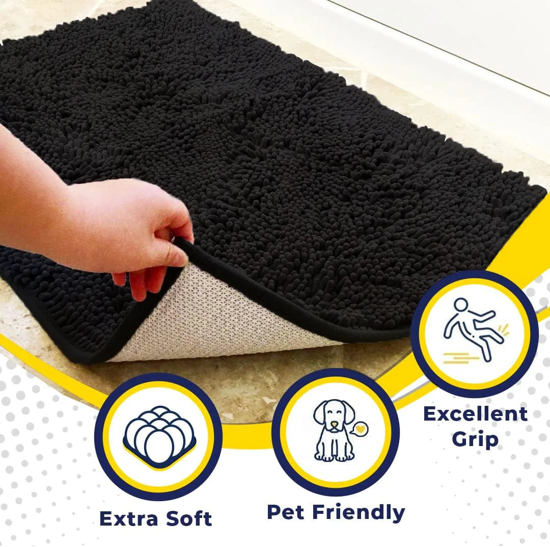 ® AS-SEEN-ON-TV Highly Absorbent Microfiber Door Mat and Pet Rug, Non Slip Thick Washable Area and Bath Mat Soft Chenille for Kitchen Bathroom Bedroom Indoor and Outdoor-Black Medium 30"X19"