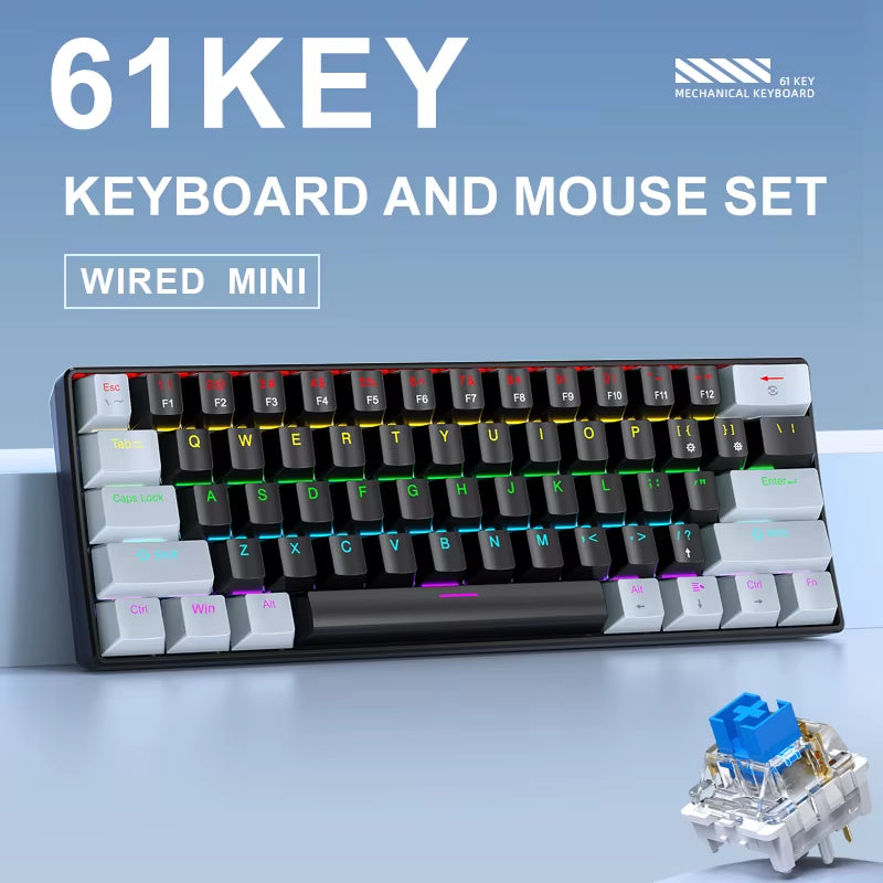 K61 Mini Mechanical Keyboard,Wired,61 Keys,Phantom RGB, Black/White Red/Blue Mechanical Switch for Gaming,60% Portable