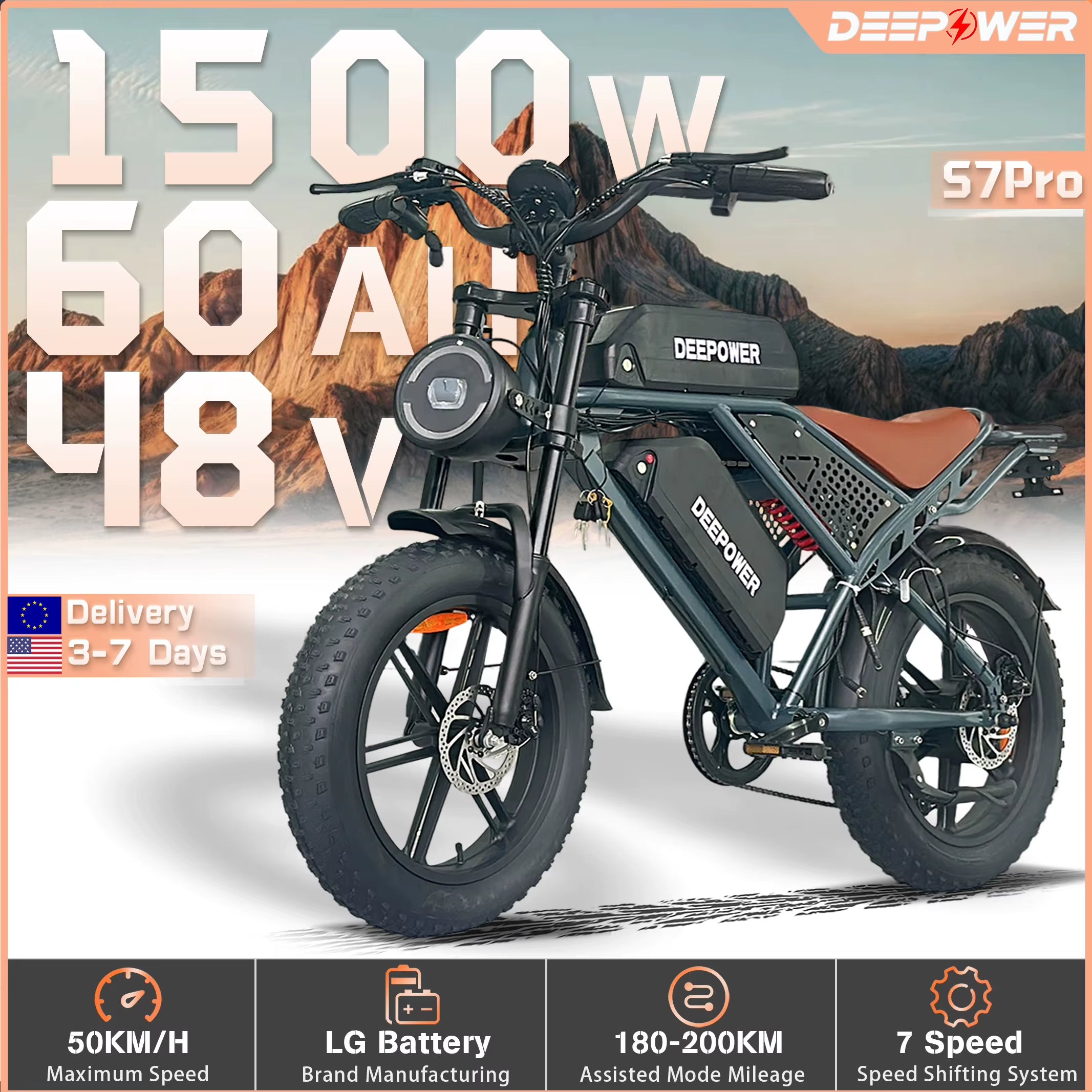 S7Pro Off-Road Electric Bike for 1500W Motor 48V 60AH LG Battery with Adults Mountain Ebike All-Terrain Motorcycle