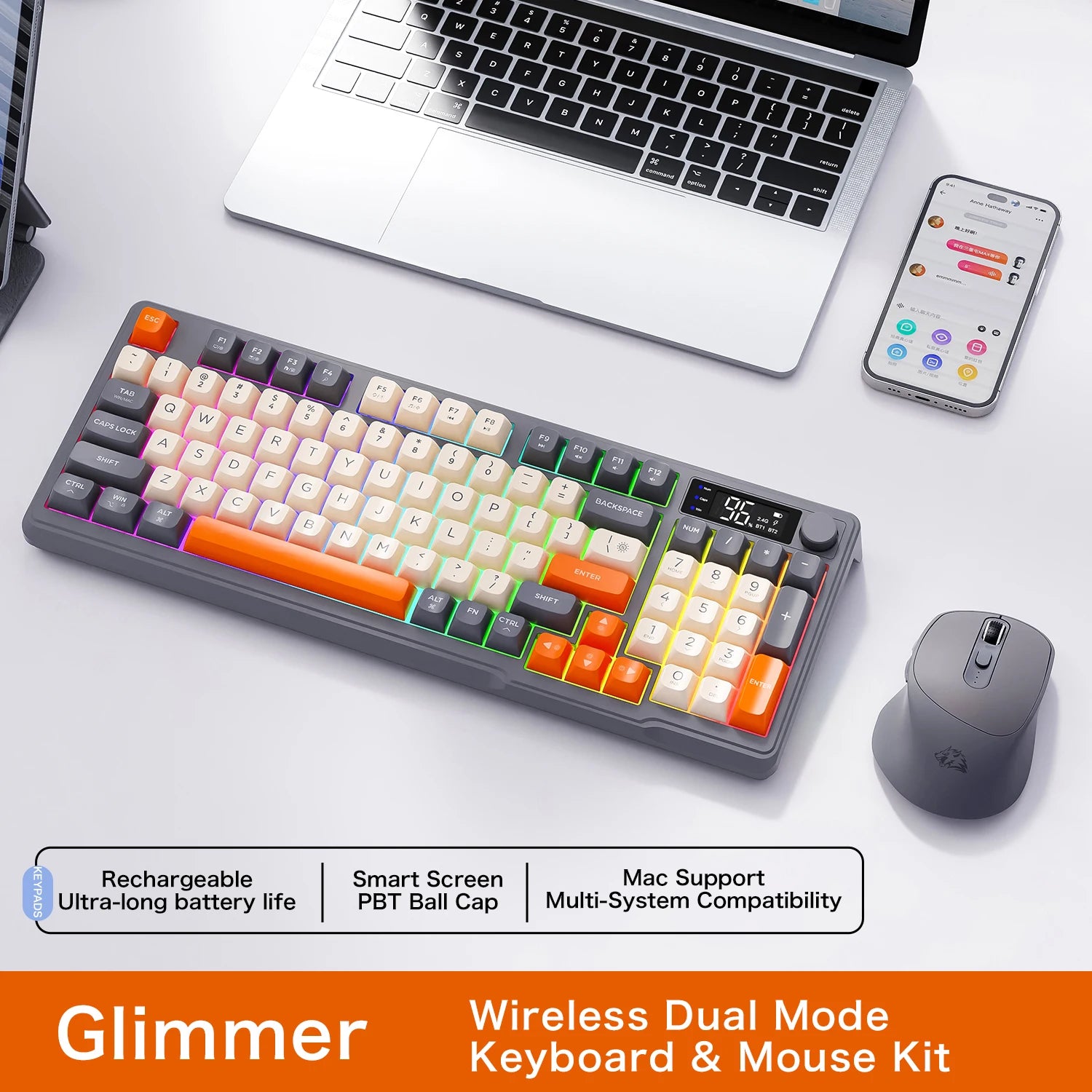 M96 Screen Wireless Keyboard Mouse Kit  Bluetooth Keyboard with Mouse Gaming,Electronic Screen, Multi-Device Connection
