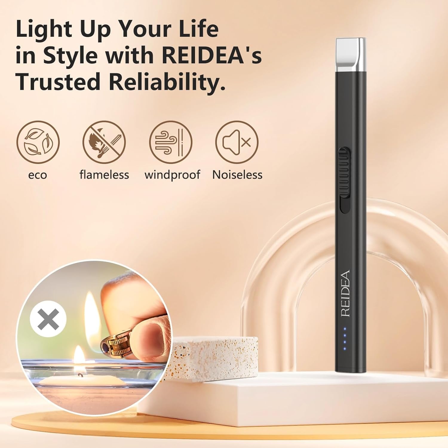 Electric Candle Lighter, Windproof Flameless USB Rechargeable Arc Lighter with Safe Button and Power Indicator for Candle, BBQ and Fireworks, R1 Flat, Obsidian Black