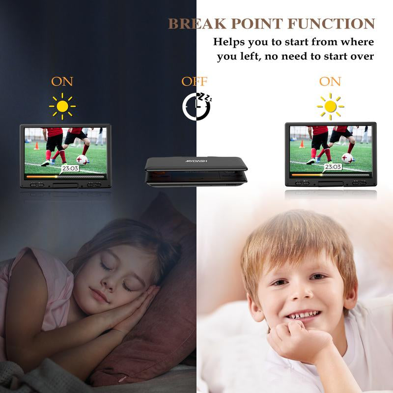 MYDASH 14.9" Portable DVD Player with 12.5" Swivel Screen, 5-Hours Rechargeable Battery, Region Free, Remote Control, Support Multi-Format Sync TV, USB/SD, Black