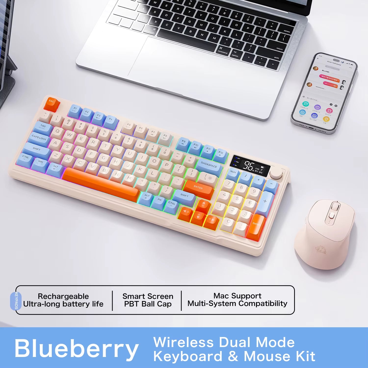 M96 Screen Wireless Keyboard Mouse Kit  Bluetooth Keyboard with Mouse Gaming,Electronic Screen, Multi-Device Connection