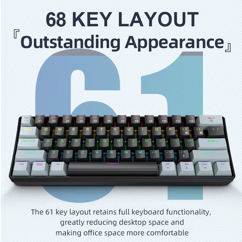 K61 Mini Mechanical Keyboard,Wired,61 Keys,Phantom RGB, Black/White Red/Blue Mechanical Switch for Gaming,60% Portable