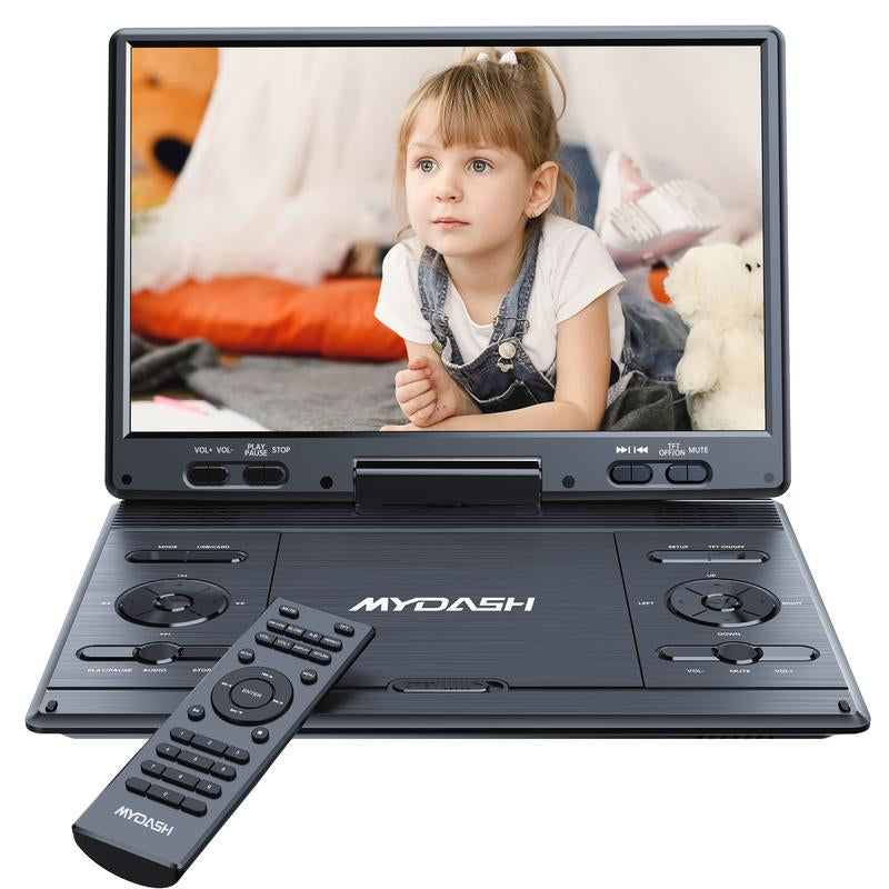 MYDASH 14.9" Portable DVD Player with 12.5" Swivel Screen, 5-Hours Rechargeable Battery, Region Free, Remote Control, Support Multi-Format Sync TV, USB/SD, Black