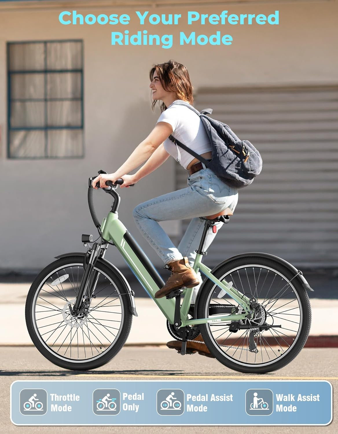 YC1/ST 26" Electric Bike, 750W Peak Motor, Step-Through Ebike for Adults, 360WH Removable Battery, up to 40Miles, Max 23MPH Urban Commuter E-Bike, 7 Speeds & Front Suspension