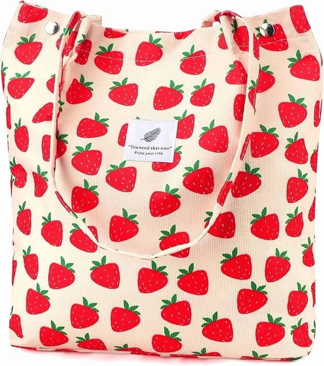 Corduroy Tote Bag for Women Girl Canvas Shoulder Cord Purse with Inner Pocket (Strawberry)