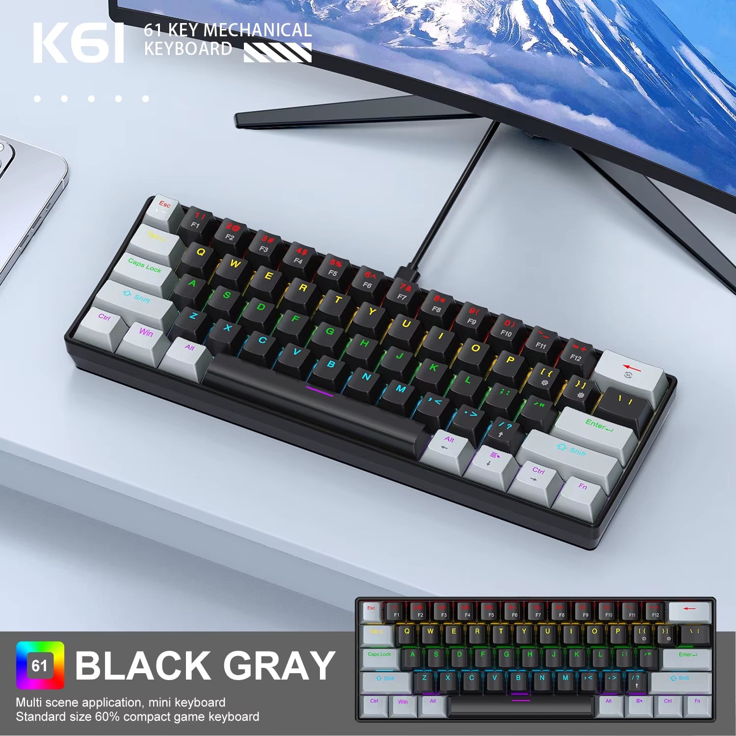 K61 Mini Mechanical Keyboard,Wired,61 Keys,Phantom RGB, Black/White Red/Blue Mechanical Switch for Gaming,60% Portable