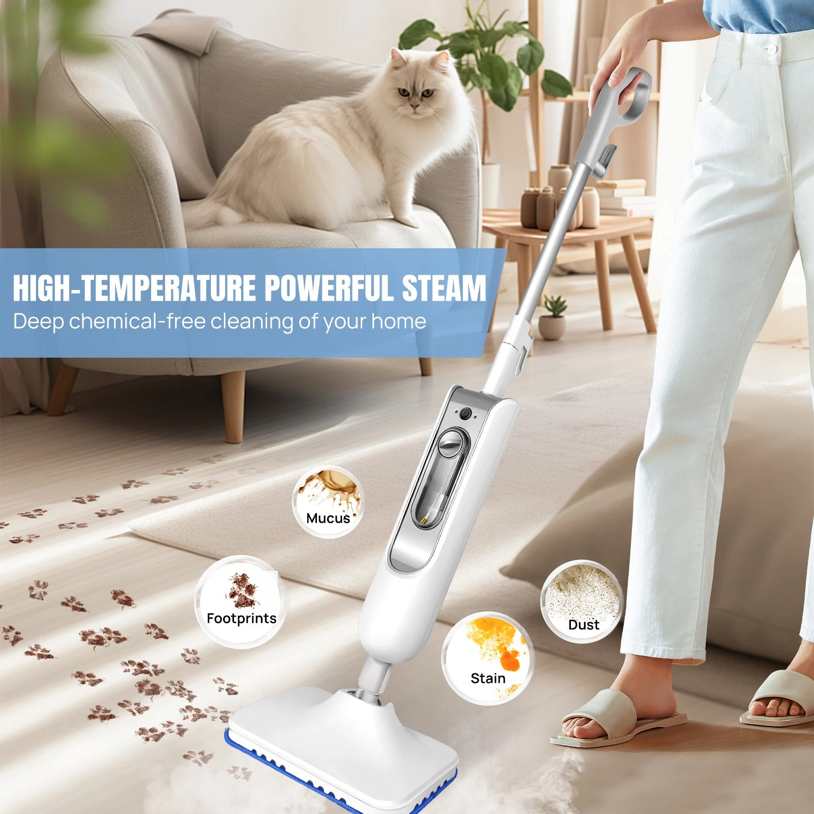 Steam Mop & Detachable Steam Cleaner, 1500W Powerful Floor Steamer for Carpet Laminate Hardwood,2 Washable Pads, 400Ml