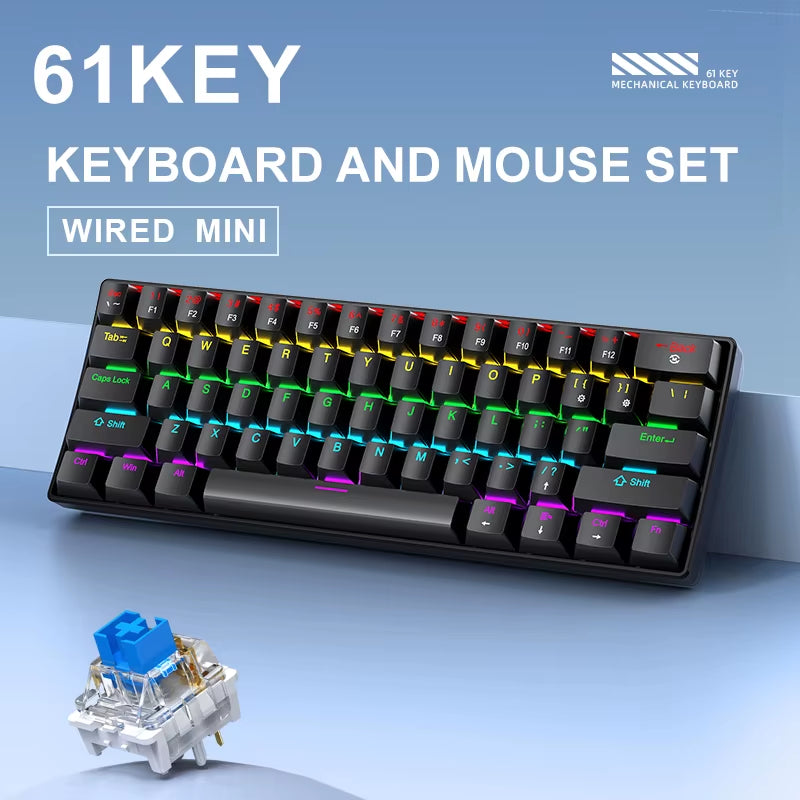 K61 Mini Mechanical Keyboard,Wired,61 Keys,Phantom RGB, Black/White Red/Blue Mechanical Switch for Gaming,60% Portable