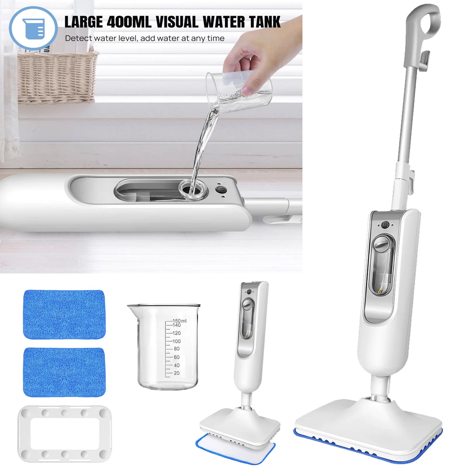 Steam Mop & Detachable Steam Cleaner, 1500W Powerful Floor Steamer for Carpet Laminate Hardwood,2 Washable Pads, 400Ml