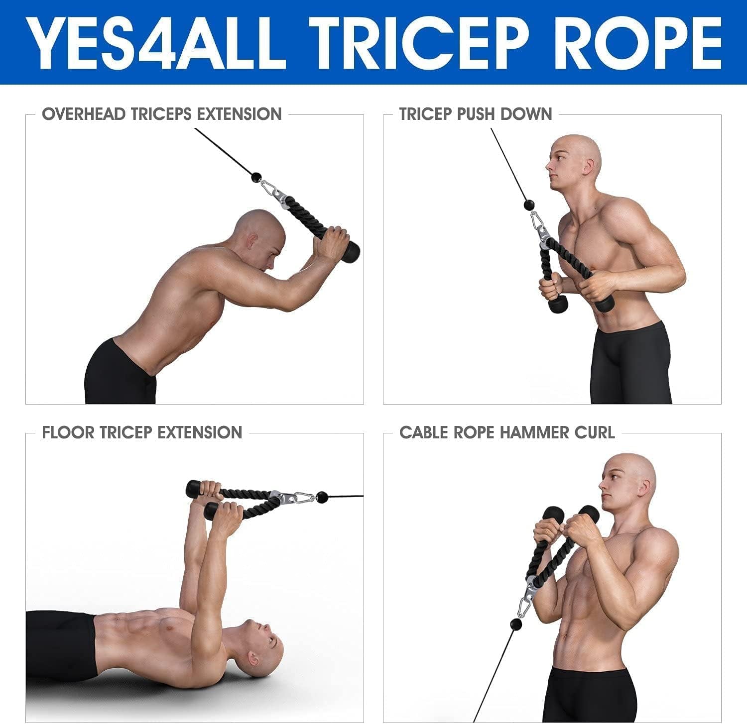 Deluxe Tricep Rope Cable Attachment, 27 & 36 Inch with 4 Colors, Exercise Machine Attachments Pulley System Gym Pull down Rope with Carabiner