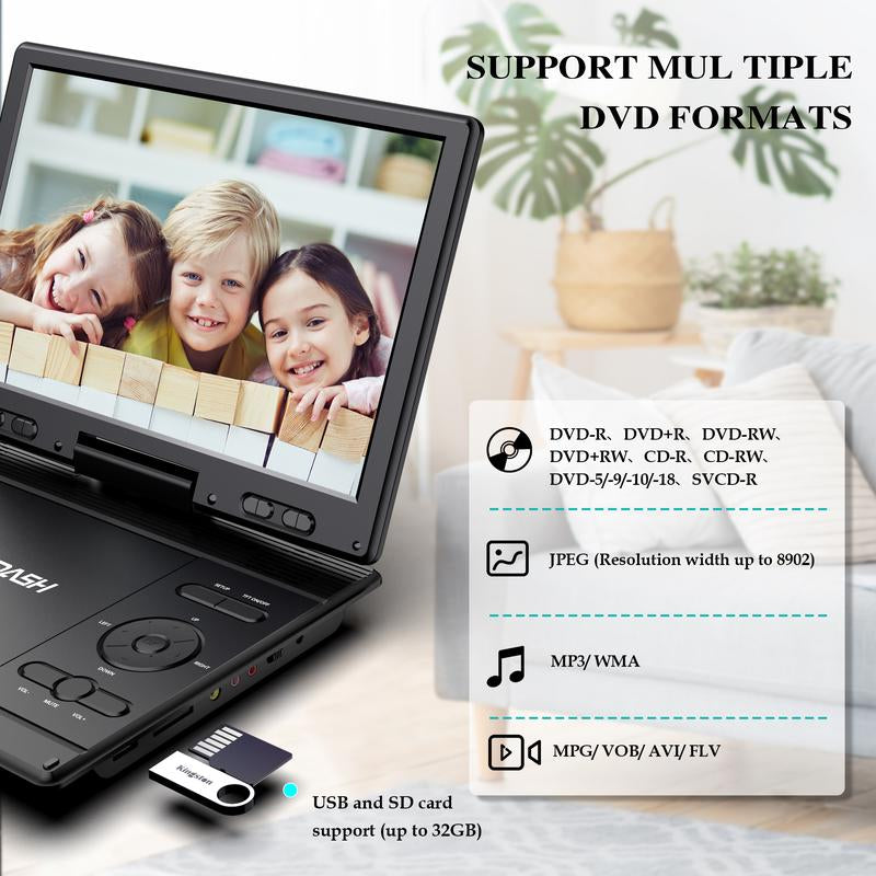 MYDASH 14.9" Portable DVD Player with 12.5" Swivel Screen, 5-Hours Rechargeable Battery, Region Free, Remote Control, Support Multi-Format Sync TV, USB/SD, Black