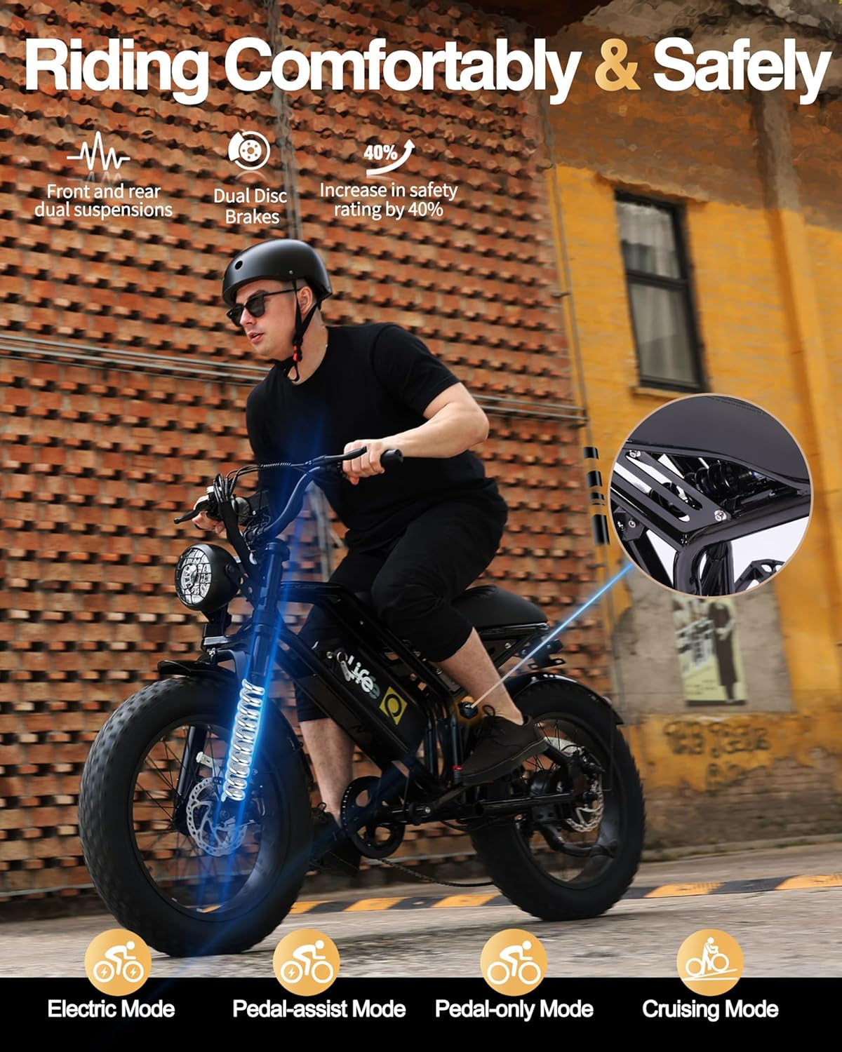Electric Bike for Adults-1500W Peak Motor 20" Fat Tires 28Mph(Unlock to 35MPH) Ebike Moped, 624-1248Wh Removable Battery Bicycle, with Dual Suspension & Brakes Motorcycle, 7-Speed,Spark