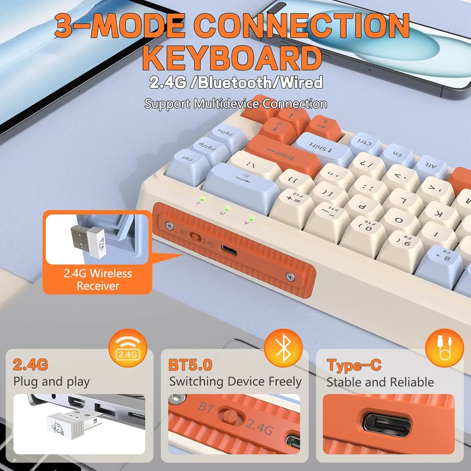M68 65% Wireless Gaming Keyboard,Tri-Mode Silent Membrane Keyboard,Pbt Keycaps,2000Mah 67 Keys Rainbow LED Backlit for Win/Mac