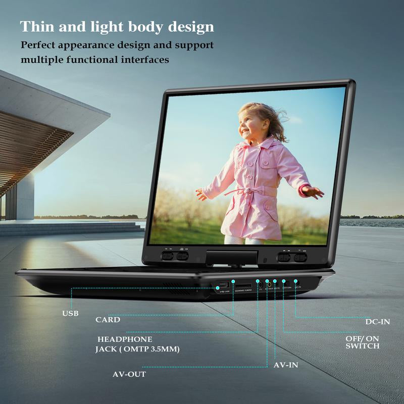 MYDASH 14.9" Portable DVD Player with 12.5" Swivel Screen, 5-Hours Rechargeable Battery, Region Free, Remote Control, Support Multi-Format Sync TV, USB/SD, Black