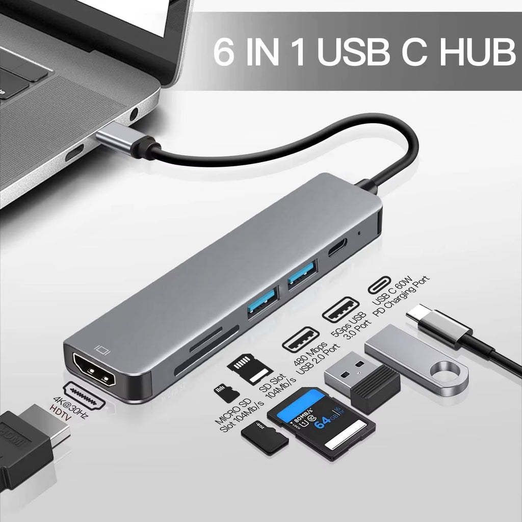 6 Ports USB C Hub to 4K Hdmi-Compatible SD TF Card Reader USB 3.0 2.0 HUB Type C Charging Docking for Macbook Ipad Samsung
