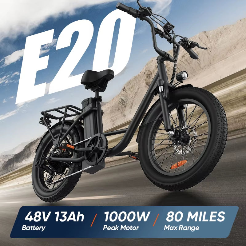 1000W E20 Electric Bike | 48V 13Ah Removable Battery, 20MPH, 20''X3" Fat Tire, 7-Speed E-Bike with Dual Disc Brake