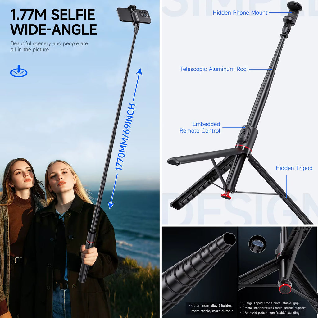 Auto Open Selfie Stick Tripod for Iphone Phone 70" Extendable Phone Tripod with Magnetic Remote for Tiktok Video Travel Vlog