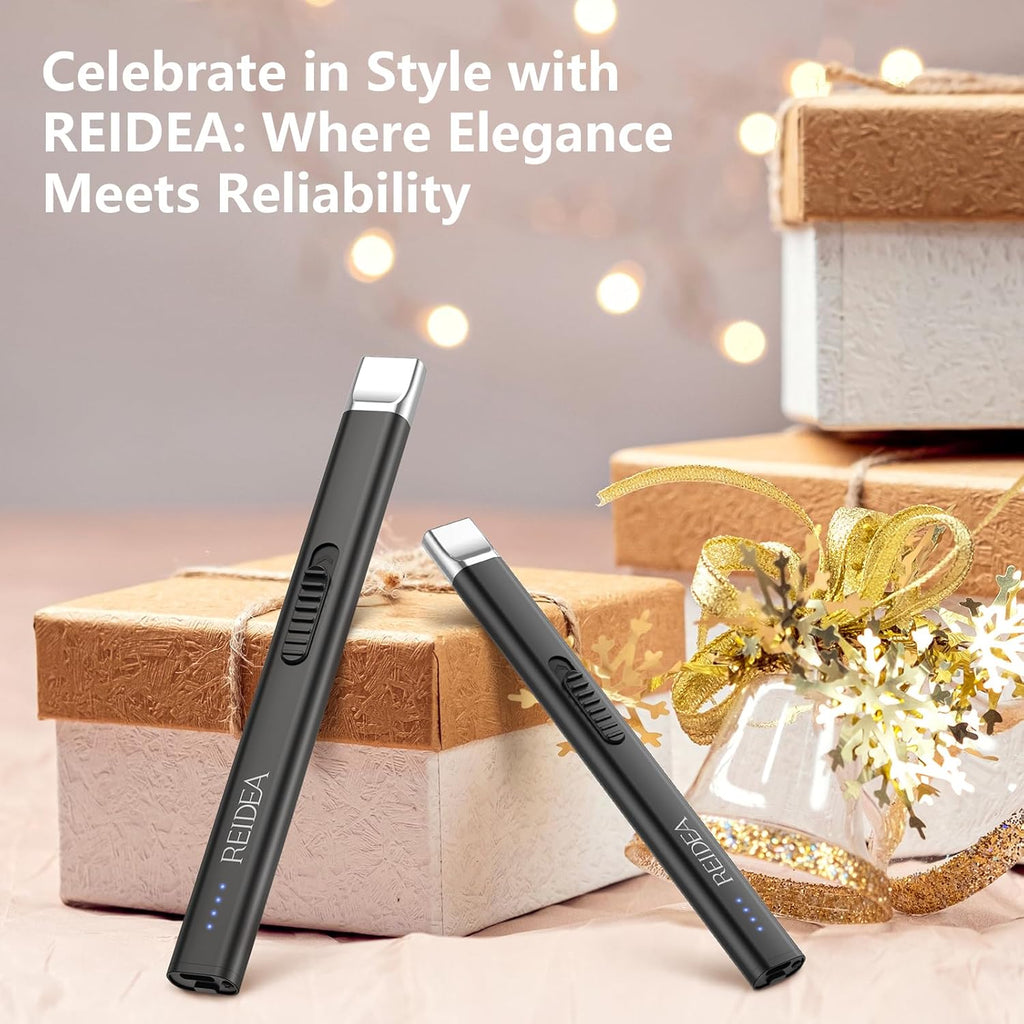 Electric Candle Lighter, Windproof Flameless USB Rechargeable Arc Lighter with Safe Button and Power Indicator for Candle, BBQ and Fireworks, R1 Flat, Obsidian Black