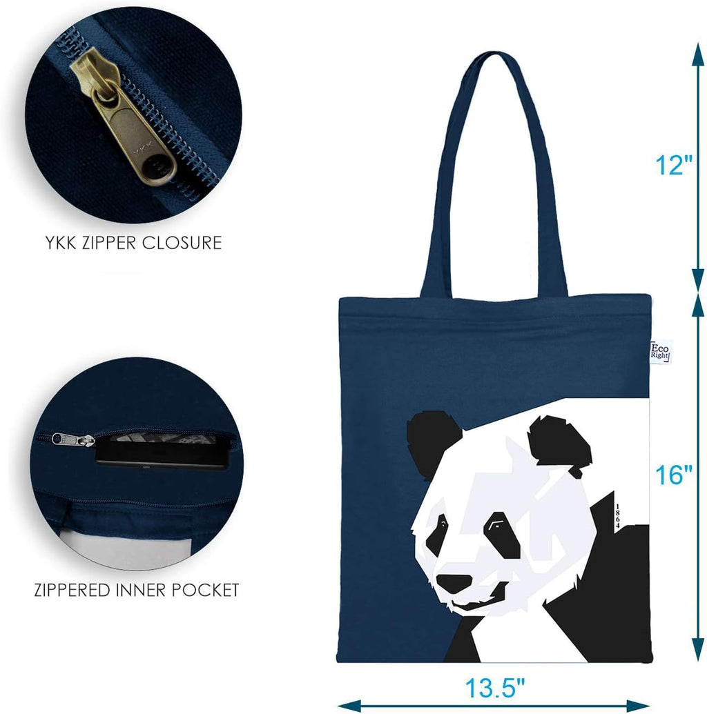 100% Organic Canvas Tote Bag with Zip, Eco-Friendly Small Tote Bags for Women for Christmas, Travel, Beach & Shopping, Panda, One Size