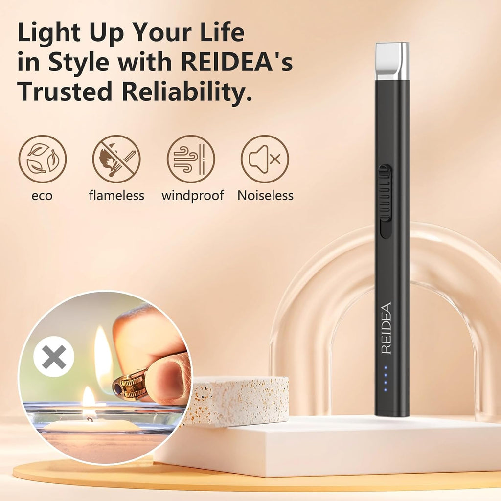 Electric Candle Lighter, Windproof Flameless USB Rechargeable Arc Lighter with Safe Button and Power Indicator for Candle, BBQ and Fireworks, R1 Flat, Obsidian Black