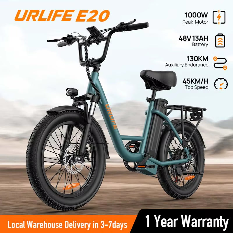 1000W E20 Electric Bike | 48V 13Ah Removable Battery, 20MPH, 20''X3" Fat Tire, 7-Speed E-Bike with Dual Disc Brake