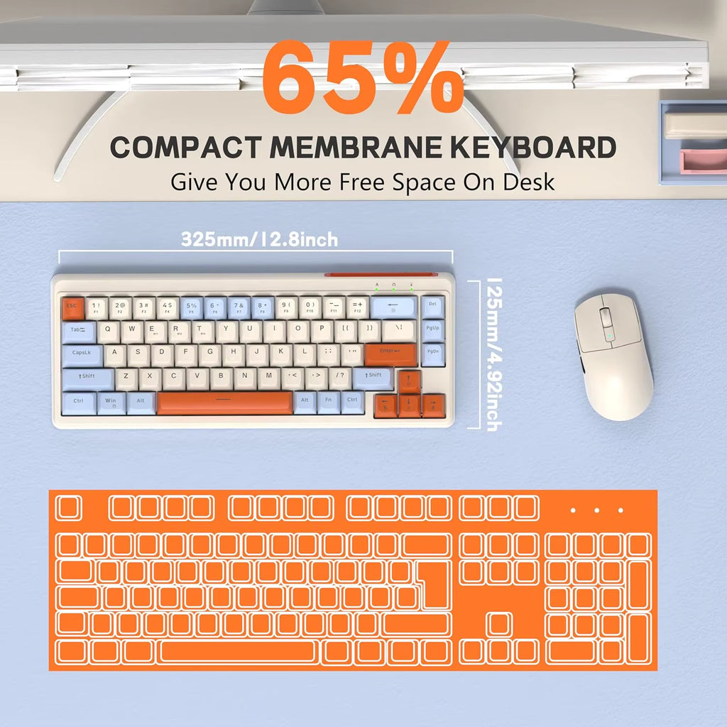 M68 65% Wireless Gaming Keyboard,Tri-Mode Silent Membrane Keyboard,Pbt Keycaps,2000Mah 67 Keys Rainbow LED Backlit for Win/Mac