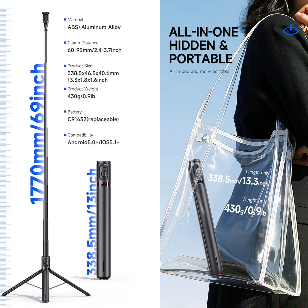 Auto Open Selfie Stick Tripod for Iphone Phone 70" Extendable Phone Tripod with Magnetic Remote for Tiktok Video Travel Vlog