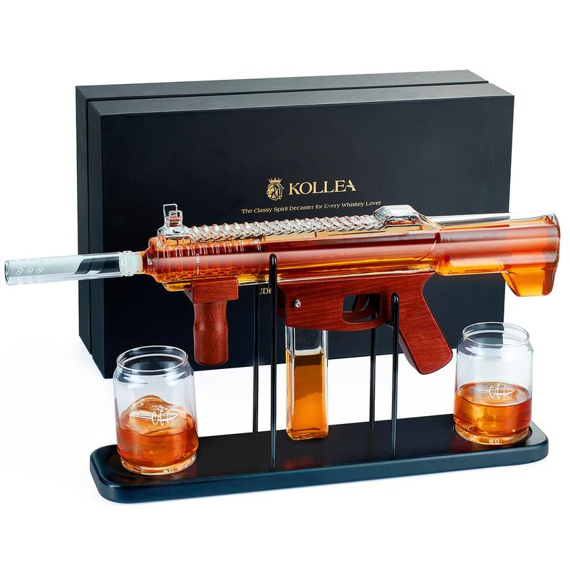 Kollea Gun Whiskey Decanter Set-Limited Edition, Detachable Liquor Decanter with Bullet Shot Shaped Glass, Cool Anniversary Birthday Gift for Him Husband Men Dad, Military Present for Home Bar Drinking Utensils Wooden Drinkware Stylish Flasks